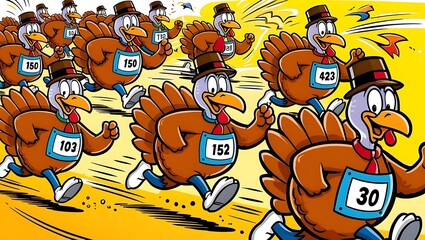 Cartoon Turkeys Racing in a Fun Thanksgiving Marathon with Colorful Background and Cheerful Atmosphere
