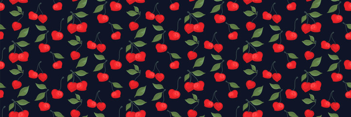  Abstract artistic red cherries with green leaves pattern on a black background. Creative berries, fruits, green leaf, seamless print. Vector hand drawing painted. Design ornament