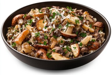 Delicious vegetarian risotto with mushrooms, herbs, and grated cheese in a black bowl.