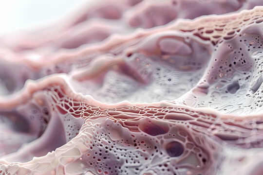 Close-up of sagging skin layers and cells, showing texture changes in aging skin.