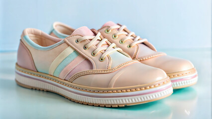 Naklejka premium Minimalist pastel-tone sneakers with striped design on a glossy surface.