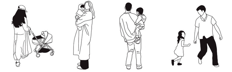 Hand-drawn doodle family icon set. Outline family clipart. Hand-drawn black art.