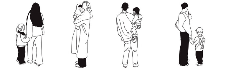 Hand-drawn doodle family icon set. Outline family clipart. Hand-drawn black art.