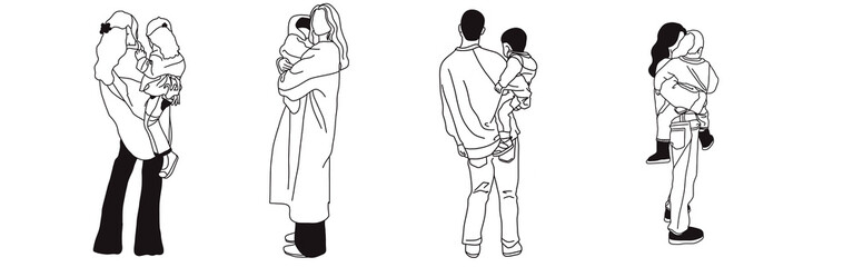 Hand-drawn doodle family icon set. Outline family clipart. Hand-drawn black art.