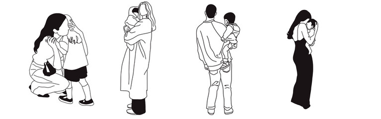 Hand-drawn doodle family icon set. Outline family clipart. Hand-drawn black art.