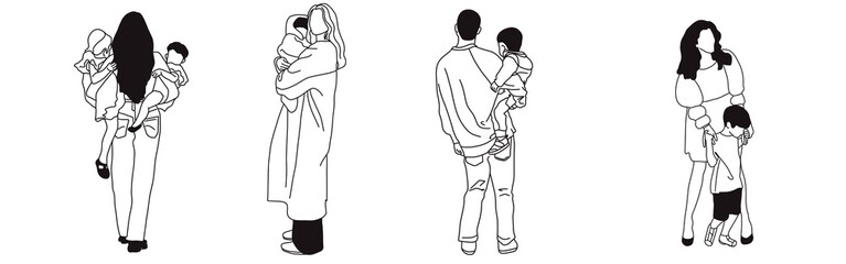 Hand-drawn doodle family icon set. Outline family clipart. Hand-drawn black art.