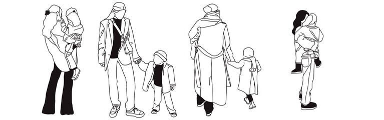 Hand-drawn doodle family icon set. Outline family clipart. Hand-drawn black art.