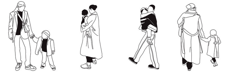 Hand-drawn doodle family icon set. Outline family clipart. Hand-drawn black art.