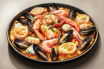 A vibrant seafood paella with shrimp, mussels, and squid on a black frying pan, garnished with fresh parsley.