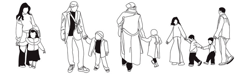 Hand-drawn doodle family icon set. Outline family clipart. Hand-drawn black art.