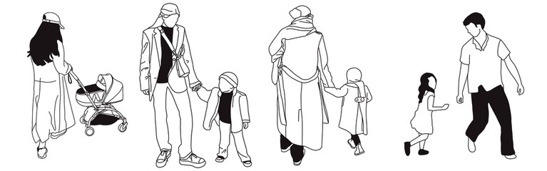 Hand-drawn doodle family icon set. Outline family clipart. Hand-drawn black art.