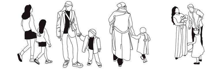 Hand-drawn doodle family icon set. Outline family clipart. Hand-drawn black art.