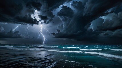 a storm over the ocean with lightning in the sky