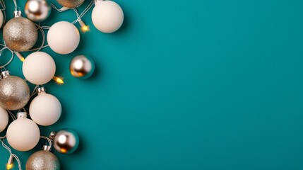 Festive Christmas ornaments on a teal background.