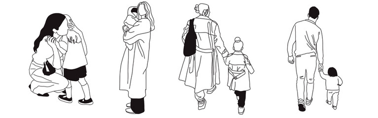 Hand-drawn doodle family icon set. Outline family clipart. Hand-drawn black art.