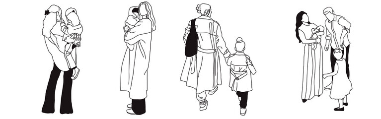 Hand-drawn doodle family icon set. Outline family clipart. Hand-drawn black art.