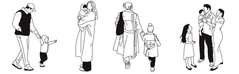 Hand-drawn doodle family icon set. Outline family clipart. Hand-drawn black art.