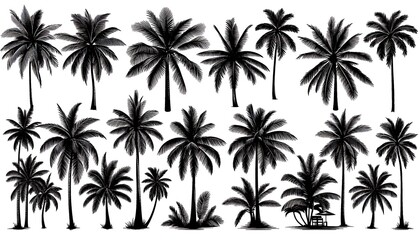 Silhouette Collection of Various Palm Trees on White Background. generator AI