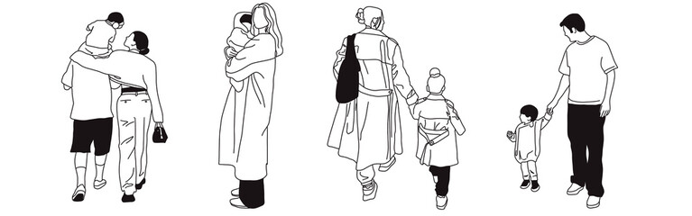 Hand-drawn doodle family icon set. Outline family clipart. Hand-drawn black art.