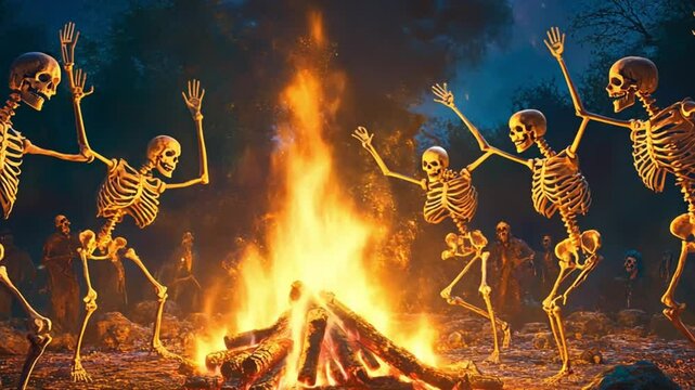 Skeletons dancing around a large campfire in a dark, mystical forest setting.