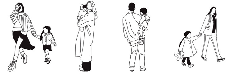 Hand-drawn doodle family icon set. Outline family clipart. Hand-drawn black art.