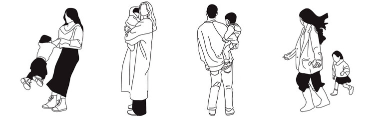 Hand-drawn doodle family icon set. Outline family clipart. Hand-drawn black art.