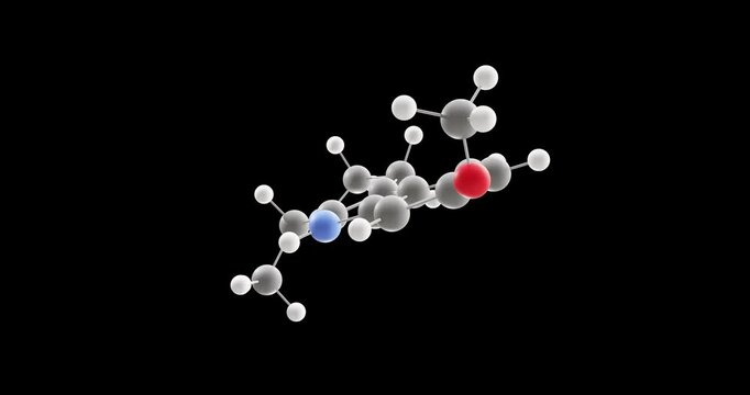 Tetrahydroharmine molecule, rotating 3D model of alkaloid, looped video on a black background