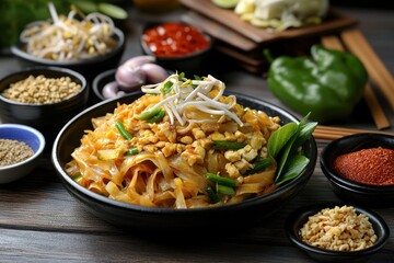 A vibrant bowl of Pad Thai, featuring stir-fried noodles topped with peanuts, bean sprouts, and herbs.