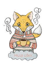 A rusty fox in a striped sweater drinking hot coffee.