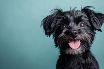 Black dog happily panting with tongue out.