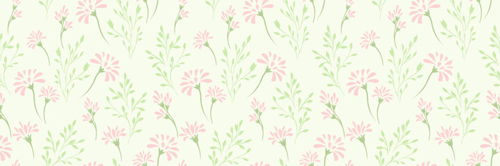 Pastel mint green pattern with abstract tiny floral stems and small branches on light background. Vector hand drawing plain unique flowers. Simple ornament for designs, textile, cover, fabric