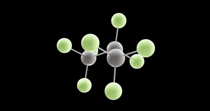 Octafluoropropane molecule, rotating 3D model of greenhouse gas, looped video on a black background