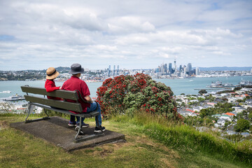 Couple sitting on the bench and enjoying the views of Auckland Sky Tower and skyline. Pohutukawa trees in full bloom.