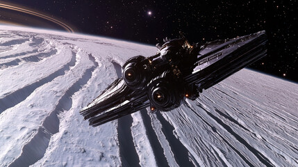 Futuristic spacecraft hovering over the icy surface of Uranus, showcasing advanced technology and outer solar system exploration, with faint rings and stars in the background.