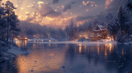 Fototapeta premium A frozen lake surrounded by snow-covered trees. There is a warm house near the frozen lake.