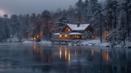 Obraz premium A frozen lake surrounded by snow-covered trees. There is a warm house near the frozen lake.