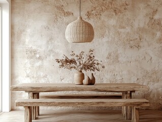 Obraz premium A wooden table with two benches and a vase of flowers on it