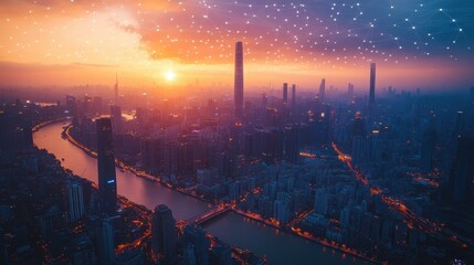 Futuristic cityscape with integrated 5G networks, smart infrastructure, and IoT technology