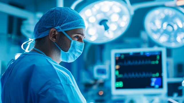 Surgical procedure in hospital operating room medical specialist healthcare setting focused atmosphere professional perspective