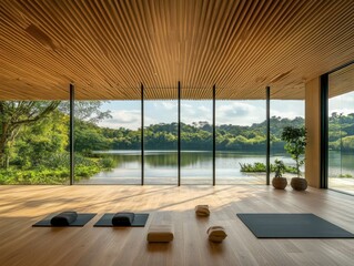 A yoga studio with a view of a lake