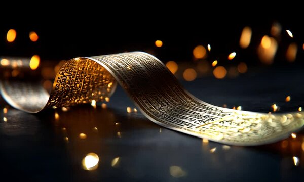 A scroll with ancient writing on black background with golden light bokeh.