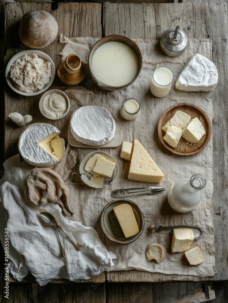Poster a rustic wooden table displays an array of dairy products, featuring fresh milk, various cheeses, an