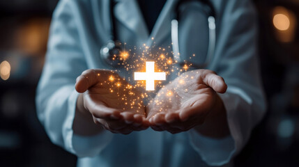 The doctor's hands holding a medical cross on a blurred background. The concept of healthcare, medicine and medical innovations. .