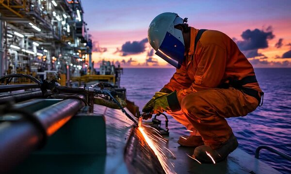 A welder in an orange jumpsuit and safety helmet works on a platform at sea, using a welding torch to make sparks fly in a dramatic sunset.