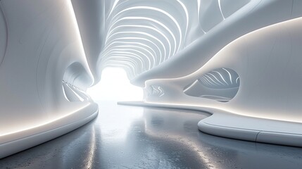Fototapeta premium Futuristic Abstract 3D Room: Pulsating Light Tunnel and Floating Tech Elements