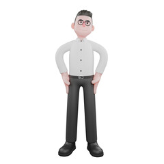 Producer Character in 3D. A male producer stands with both hands on his waist, chest puffed out and head raised, an expression full of confidence. Professional Illustration