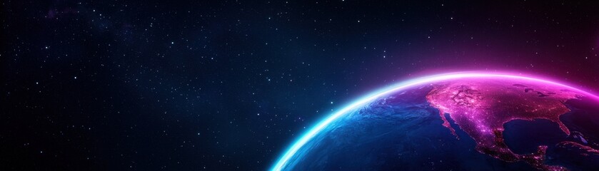 Obraz premium Exploring cosmic perspectives earth's vibrant glow space digital art futuristic wide-angle view galactic beauty