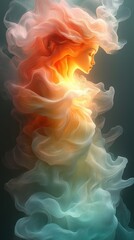 Ethereal figure surrounded by flowing, colorful wisps of smoke.