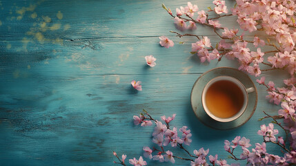 Cup of Tea With Cherry Blossom on Wooden Table. A serene image of a cup of tea surrounded by cherry blossoms on a rustic wooden table. The scene evokes tranquility and the beauty of springtime.