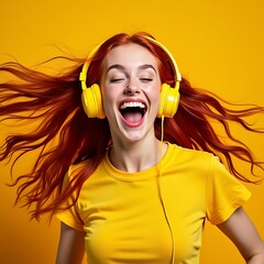 Cool millennial girl keeps arms raised dances carefree enjoys every bit of music wears wireless headphones on ears has red hair floating on wind dressed in casual t shirt